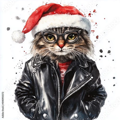 A festive cat character in a Santa hat and leather jacket, blending holiday cheer with a punk rock vibe. photo