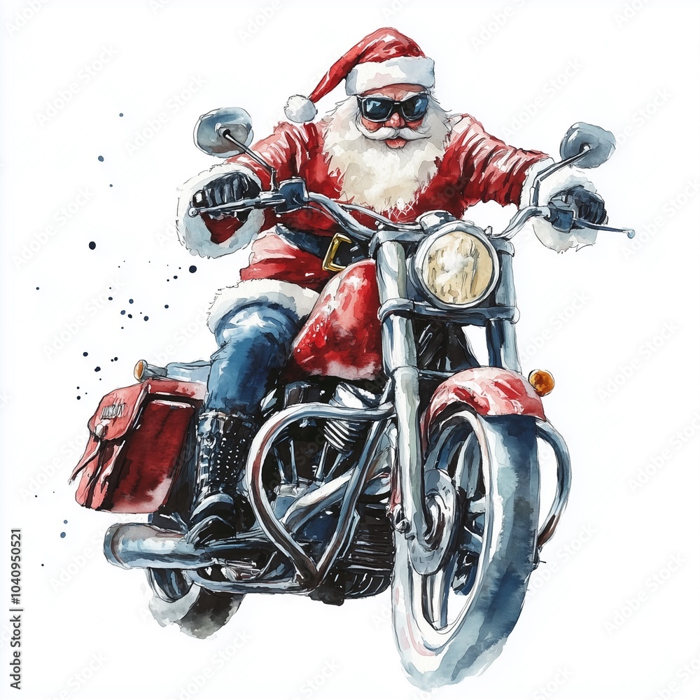 Fototapeta premium Santa Claus rides a motorcycle, exuding a fun, adventurous spirit with his iconic red suit, cool sunglasses, and festive spirit.