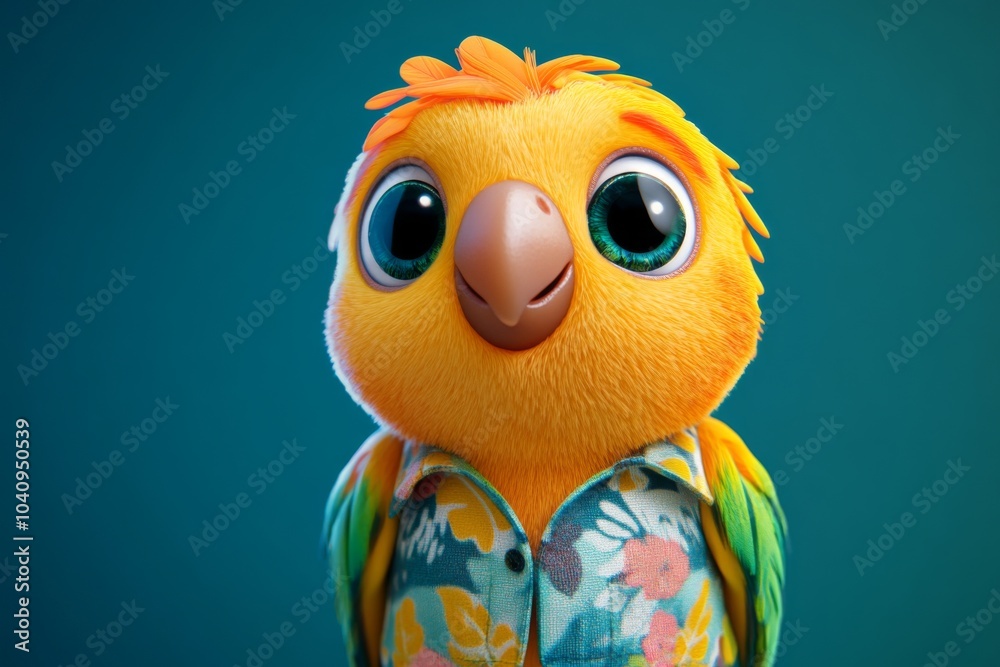 A cute, cartoon-style parrot with big eyes, wearing a Hawaiian shirt, against a teal background.