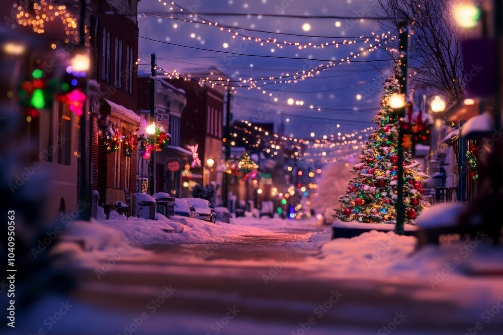 Design a snowy winter scene with a small town decorated for Christmas, featuring lighted streets, wreaths on doors, and a festive market. Design a snowy winter scene with a small town decorated for Christmas, featuring lighted streets, wreaths on doors, and a festive market.