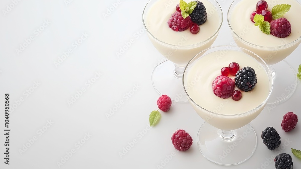 Elegant Desserts with Berries in Glass Bowls Elegant Desserts with Berries in Glass Bowls