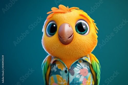 Obraz na płótnie A cute, cartoon-style parrot with big eyes, wearing a Hawaiian shirt, against a teal background. w salonie