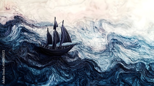 Conceptual image of a paper junk boat sailing through a vast ocean of swirling ink that forms abstract patterns creating a surreal and imaginative seascape photo