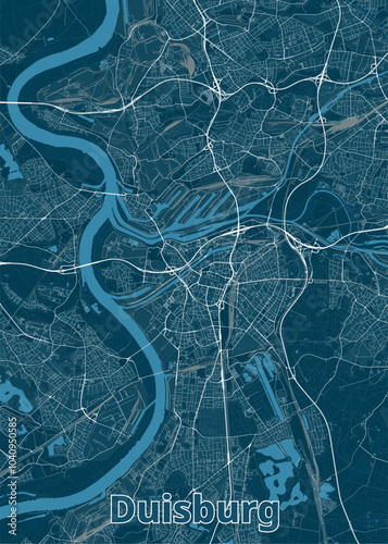 Map of Duisburg, Germany, rendered in a minimalist style. The map features a dark blue background with white lines representing roads and waterways.