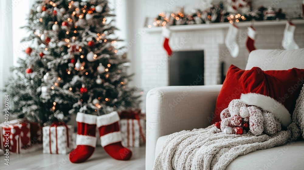 Fototapeta premium A cozy Christmas scene featuring a decorated tree, festive decorations, gifts, and a comfortable seating area with holiday accents.