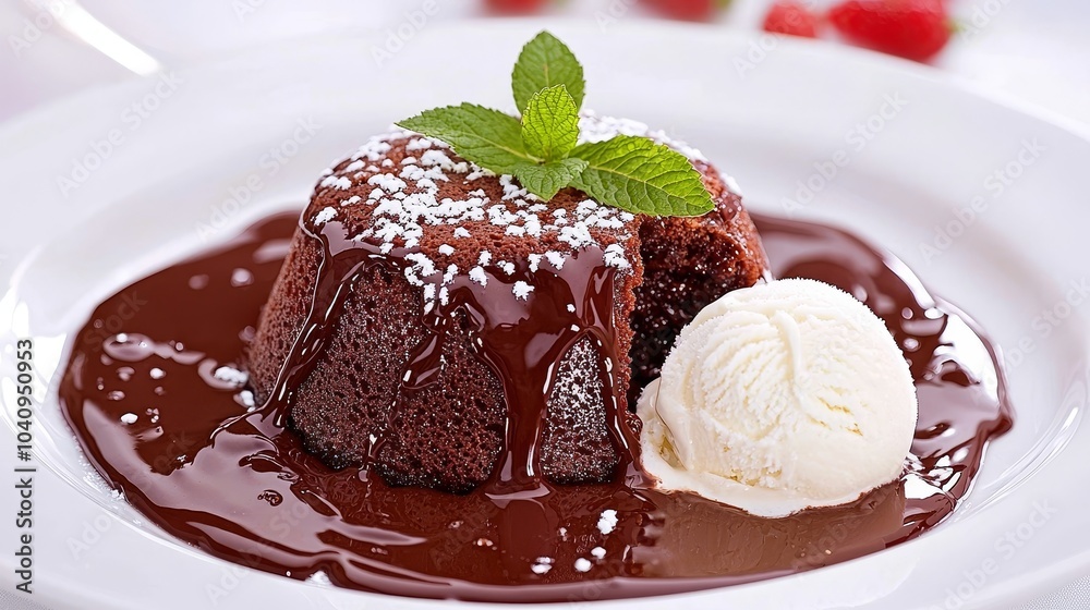 Decadent Chocolate Cake with Ice Cream and Mint Leaf