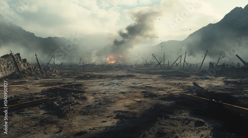 Desolate battlefield remnants, shattered weapons strewn across the ground, smoke billowing ominously in the distance photo