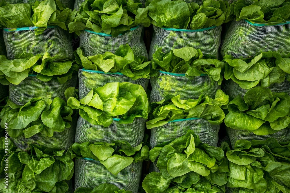 Fototapeta premium Symmetrical Aerial View of Fresh Green Lettuce Bags Creating a Geometric Pattern
