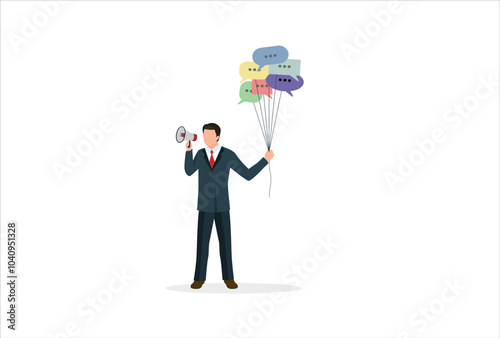 Communication or PR, Public Relations manager to communicate company information and media, announce sales or promotion concept, businessman holding speech bubble balloons while talking on megaphone.