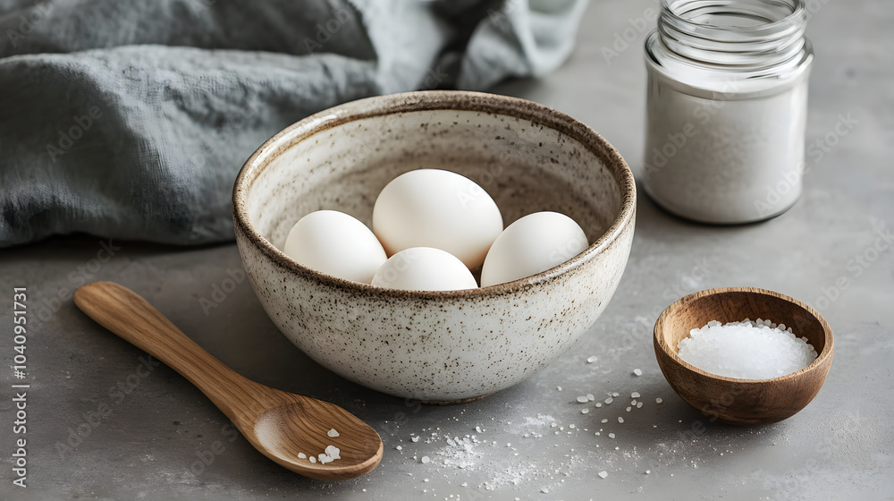 Rustic Ceramic Bowl with White Eggs and Salt Rustic Ceramic Bowl with White Eggs and Salt