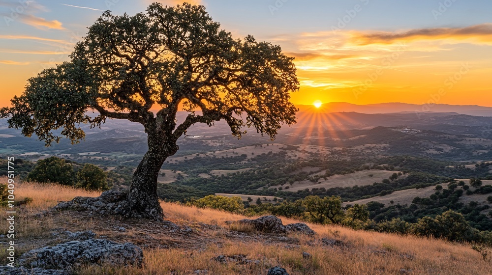 Obraz premium A lone tree stands silhouetted against a vibrant sunset, casting long shadows across a rolling hillside.