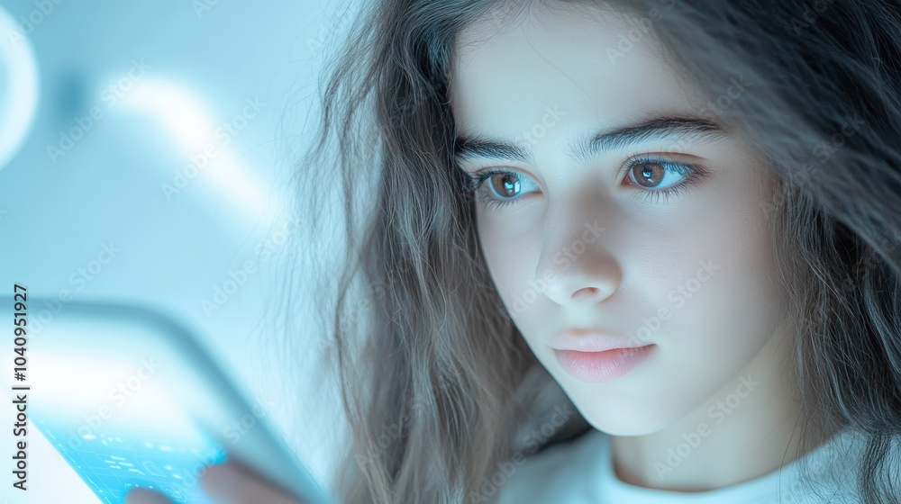 Fototapeta premium Digital Connection: A young woman with long, dark hair gazes intently at a digital tablet, her expression a blend of focus and curiosity.