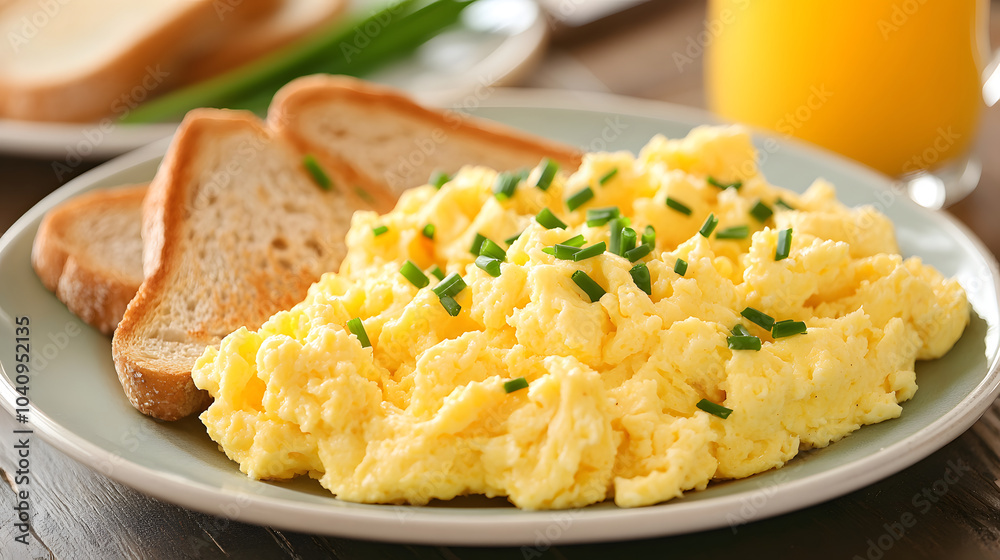 Scrambled Eggs Garnished with Fresh Chives on Plate Scrambled Eggs Garnished with Fresh Chives on Plate
