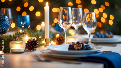 A beautifully set dining table adorned with elegant glassware, candles, and festive decorations creates warm and inviting atmosphere for special occasion. soft glow of lights enhances cozy ambiance