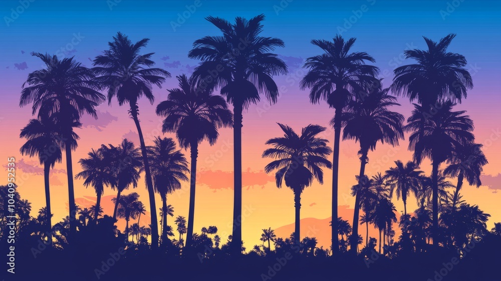 Obraz premium Vector art of palm trees at sunset, with a blue and purple sky, in a simple vector style, as clipart, on a white background