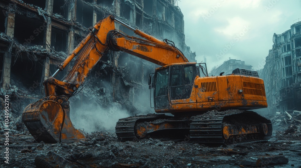 Excavator working in a demolished urban environment. Excavator working in a demolished urban environment.