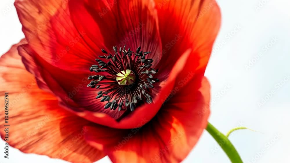 A bright red poppy blooms against a white background, its delicate petals unfurling in the summer sun A bright red poppy blooms against a white background, its delicate petals unfurling in the summer sun