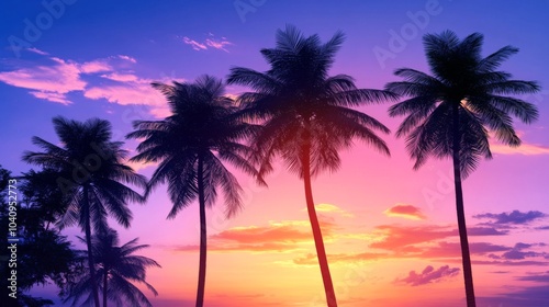 Vector art of palm trees at sunset, with a blue and purple sky, in a simple vector style, as clipart, on a white background