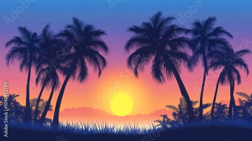 Vector art of palm trees at sunset, with a blue and purple sky, in a simple vector style, as clipart, on a white background