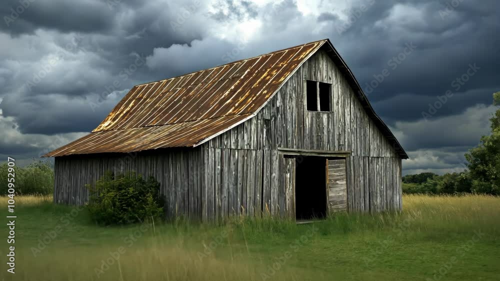 A weathered barn stands in a field, its rusty roof contrasting with the green grass under a stormy sky A weathered barn stands in a field, its rusty roof contrasting with the green grass under a stormy sky