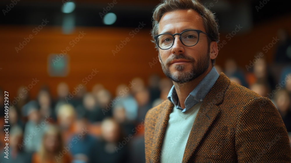 A confident man in a blazer stands in front of an audience. A confident man in a blazer stands in front of an audience.