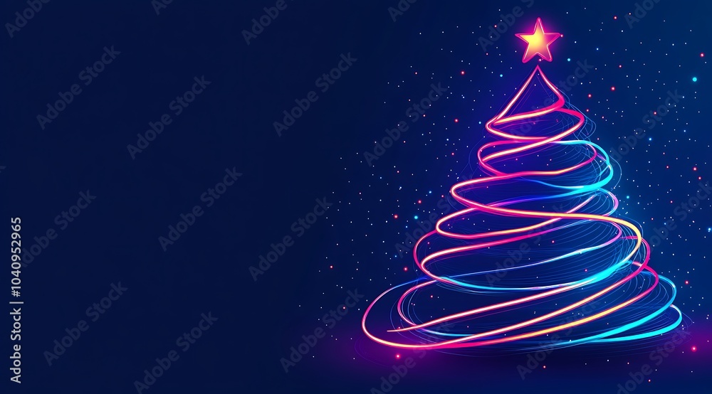 A glowing neon blue Christmas tree with colorful lights on a dark background A glowing neon blue Christmas tree with colorful lights on a dark background