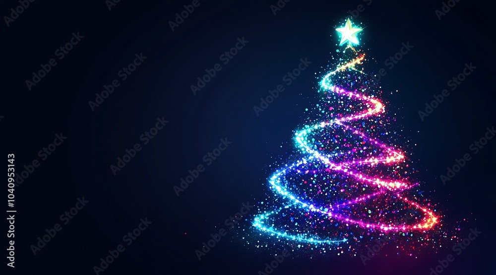 A glowing neon blue Christmas tree with colorful lights on a dark background A glowing neon blue Christmas tree with colorful lights on a dark background