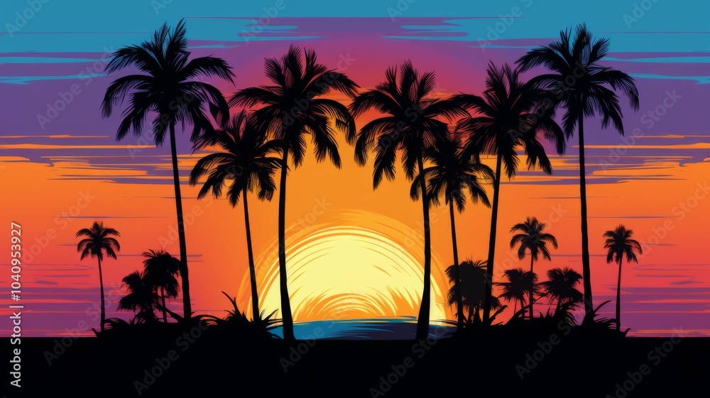Fototapeta premium Colorful vector art illustration of palm tree silhouettes at sunset, showcasing a stunning blue, purple, and orange sky. 