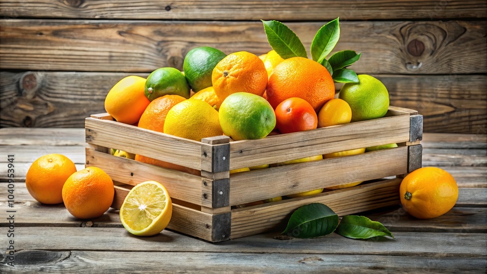 A Rustic Wooden Crate Overflowing with a Colorful Assortment of Citrus Fruits, Capturing the Essence of Freshness and Zest A Rustic Wooden Crate Overflowing with a Colorful Assortment of Citrus Fruits, Capturing the Essence of Freshness and Zest