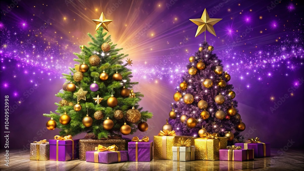 Two Christmas trees adorned with golden ornaments stand against a shimmering purple backdrop, each topped with a star and surrounded by gifts, creating a festive atmosphere. Two Christmas trees adorned with golden ornaments stand against a shimmering purple backdrop, each topped with a star and surrounded by gifts, creating a festive atmosphere.