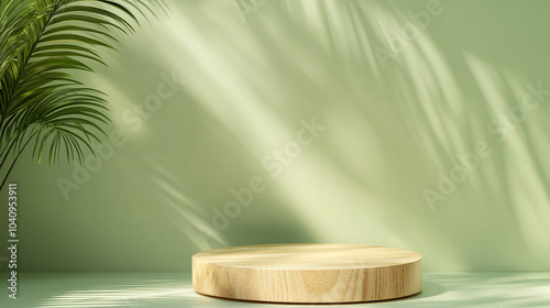 wooden podium 3d display with leaf shadow