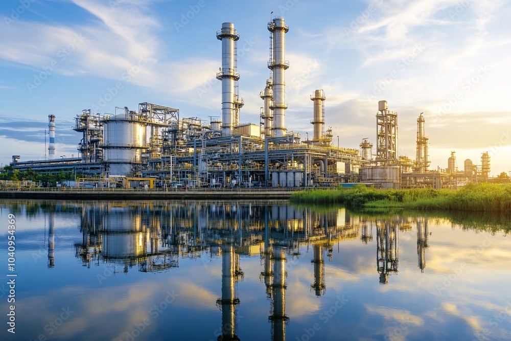 Fototapeta premium A vibrant industrial landscape featuring towering structures reflecting in a calm body of water under a clear sky.