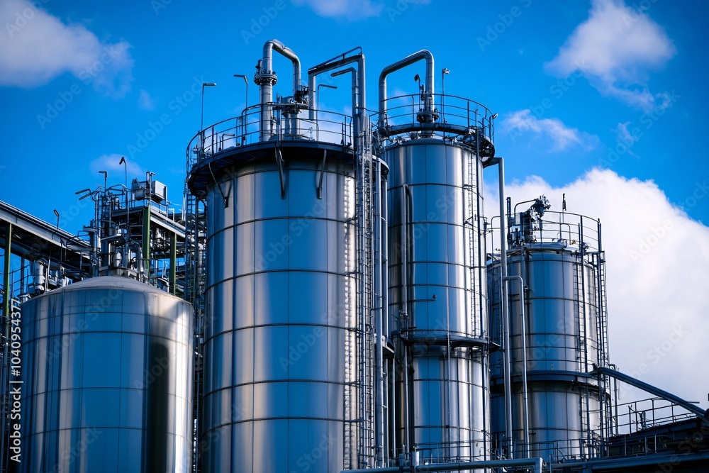 The image features large metallic storage tanks under a clear blue sky, indicative of industrial processes or chemical manufacturing. The image features large metallic storage tanks under a clear blue sky, indicative of industrial processes or chemical manufacturing.