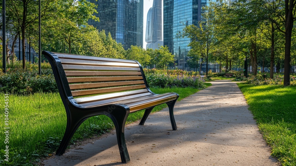 Fototapeta premium A Wooden Bench in a City Park with Tall Buildings in the Background