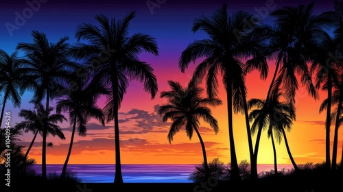 Colorful vector art illustration of palm tree silhouettes at sunset, showcasing a stunning blue, purple, and orange sky. 