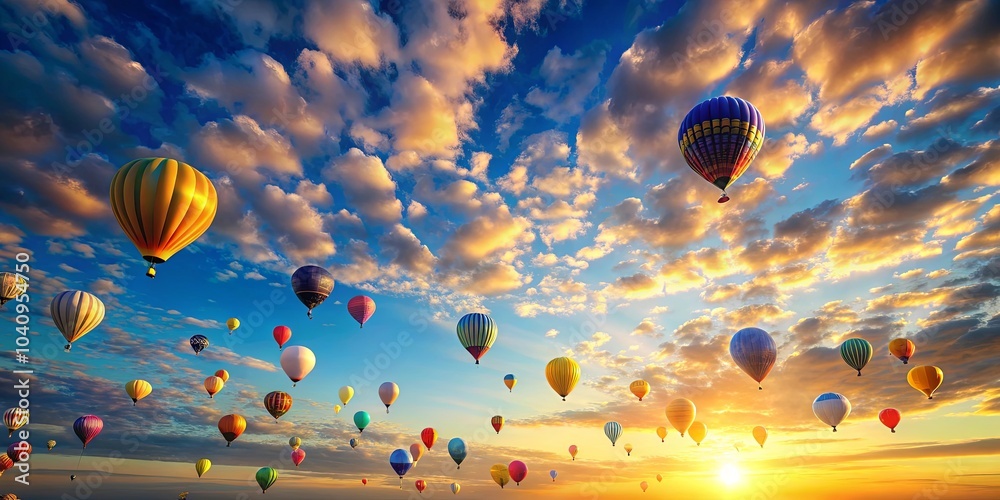 Obraz premium A symphony of vibrant hot air balloons gracefully navigate the sky, their colorful canopies contrasting against a backdrop of golden clouds, casting a warm glow on the horizon.