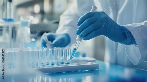A laboratory technician preparing samples for analysis with pipettes and test tubes in a cleanroom lab, Precise style, photo of