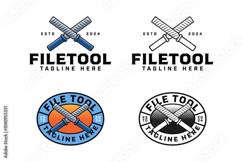 hand file tool crossed colorful and outline badge logo design set for workshop and garage. metal rasp file equipment illustration logo template for repairer, mechanic, craftsman