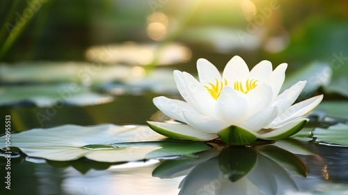 Wallpaper Mural 2410 12.A beautifully composed scene of a white lotus flower on a calm pond, its petals illuminated by soft sunlight. Lily pads surround the lotus, and the water reflects the warm light, creating a Torontodigital.ca