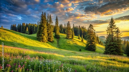 A gentle slope of verdant grass and wildflowers bathed in the warm glow of a setting sun, framed by a line of towering evergreens against a backdrop of majestic mountains and wispy clouds. photo