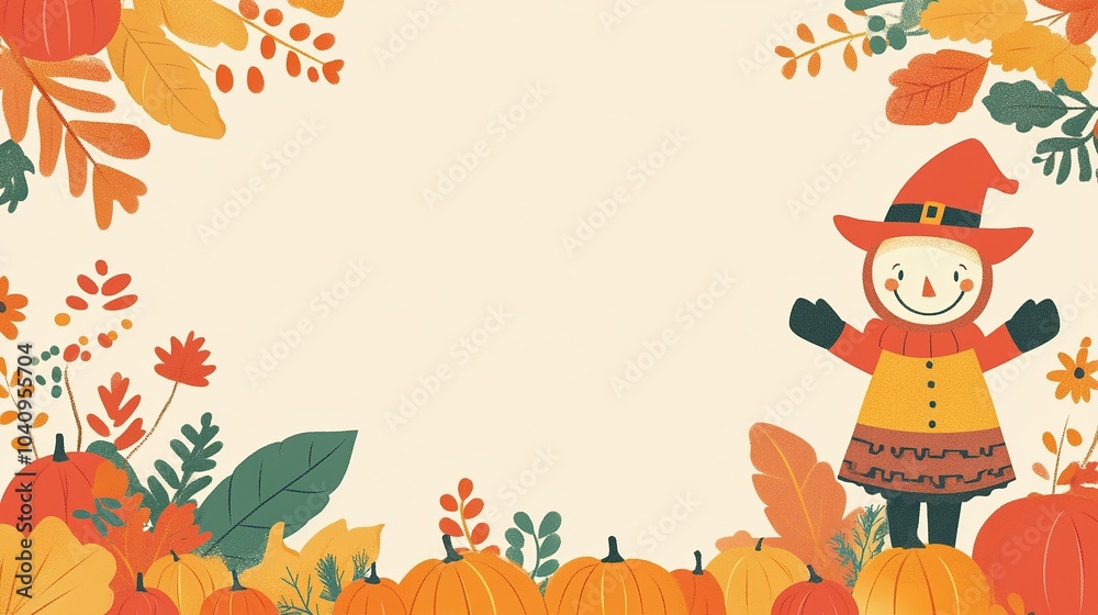 A cheerful scarecrow standing in a pumpkin patch, surrounded by autumn leaves and flowers. A cheerful scarecrow standing in a pumpkin patch, surrounded by autumn leaves and flowers.