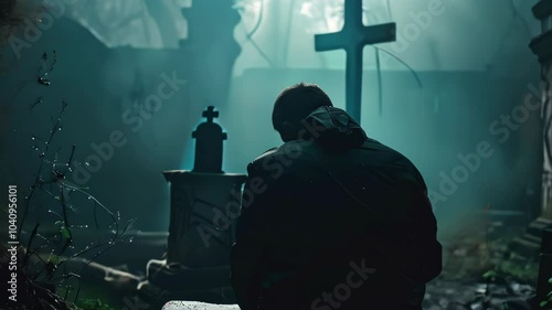 A solitary figure reflects in a misty cemetery surrounded by ancient tombstones at dusk