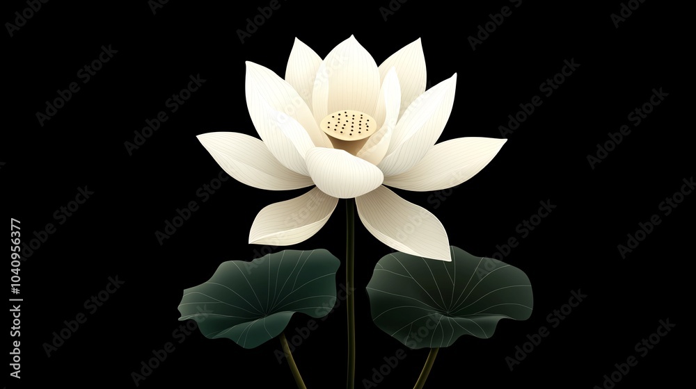Obraz premium 2410 27.A minimalist vector design featuring a lotus flower with gently curved petals and wide, round leaves, isolated on a black background. The sharp contrast between the vibrant flower and the