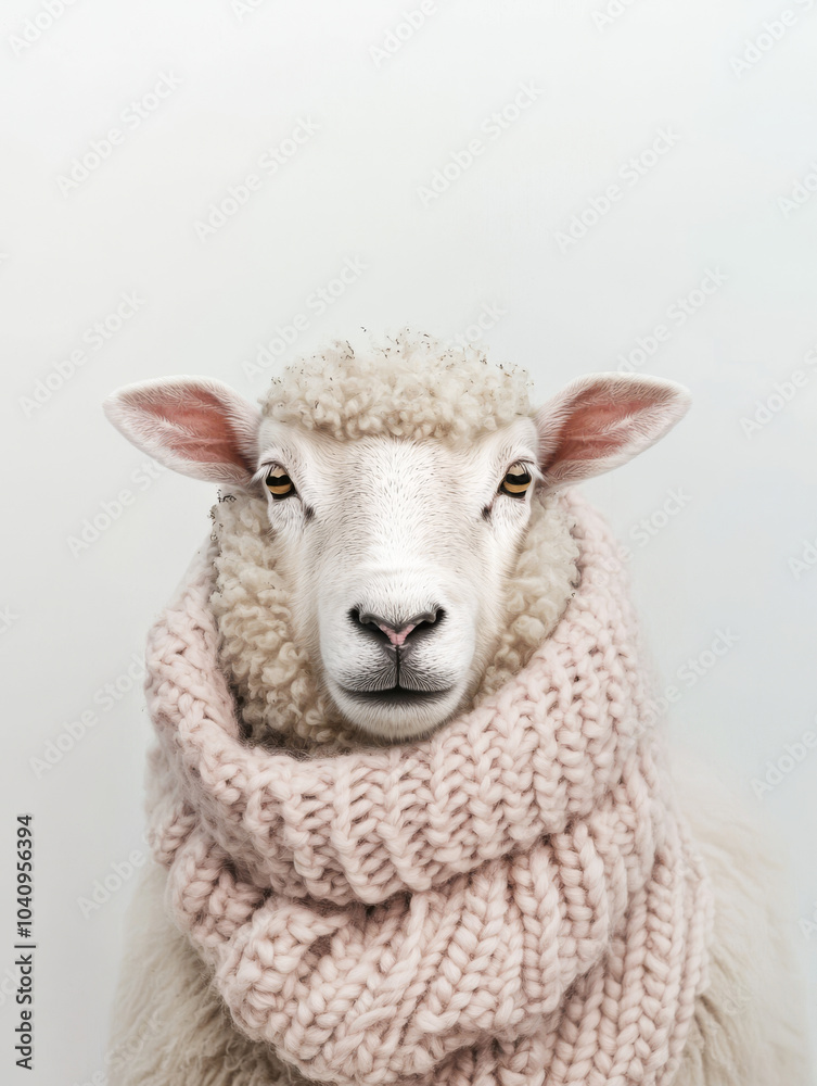A sheep wearing cozy pink knitted scarf, showcasing its fluffy wool and calm expression. This adorable animal adds touch of warmth and charm to any setting A sheep wearing cozy pink knitted scarf, showcasing its fluffy wool and calm expression. This adorable animal adds touch of warmth and charm to any setting