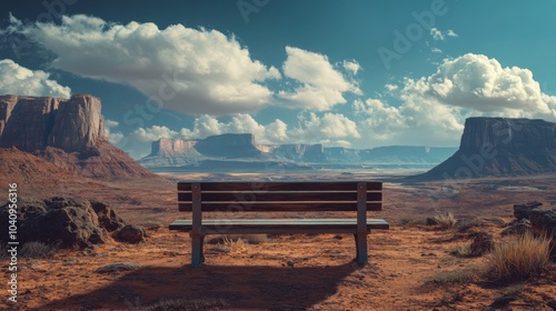 A lone wooden bench overlooking a vast desert landscape with towering rock formations and a bright blue sky. photo