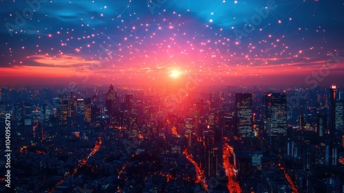 A vibrant city skyline at sunset with digital connection elements.