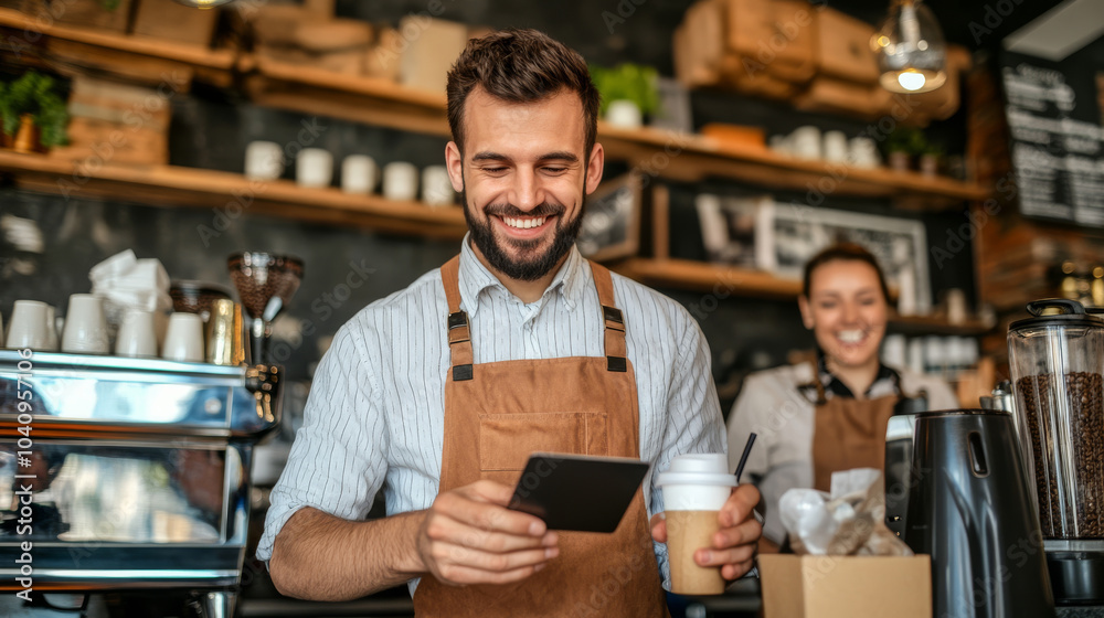 A cheerful barista smiles while holding card and coffee cup in cozy cafe. warm atmosphere and friendly service create welcoming environment for customers A cheerful barista smiles while holding card and coffee cup in cozy cafe. warm atmosphere and friendly service create welcoming environment for customers