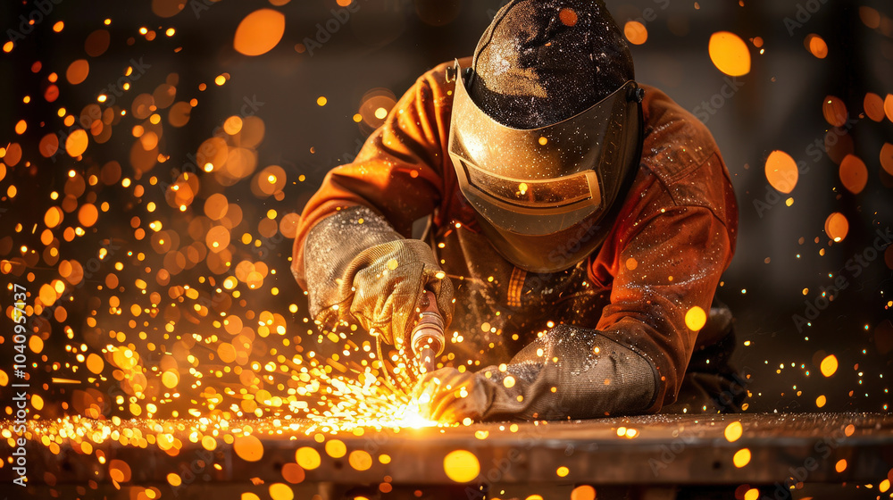 skilled industrial welder works meticulously with steel, creating dazzling display of sparks in vibrant environment. scene captures intensity and focus of craft skilled industrial welder works meticulously with steel, creating dazzling display of sparks in vibrant environment. scene captures intensity and focus of craft