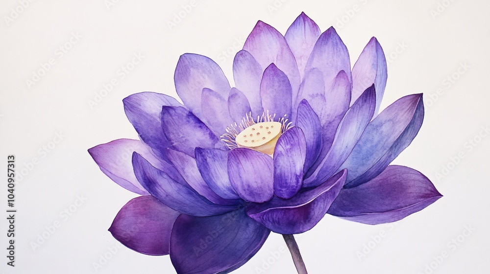 2410 46.A botanical watercolor painting of a violet lotus in full bloom, the petals gently spreading out in rich purple hues. The flower is isolated on a white background, emphasizing the natural 2410 46.A botanical watercolor painting of a violet lotus in full bloom, the petals gently spreading out in rich purple hues. The flower is isolated on a white background, emphasizing the natural