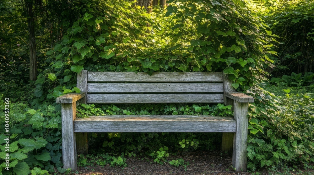 Weathered Wooden Bench Nestled in Lush Greenery Weathered Wooden Bench Nestled in Lush Greenery